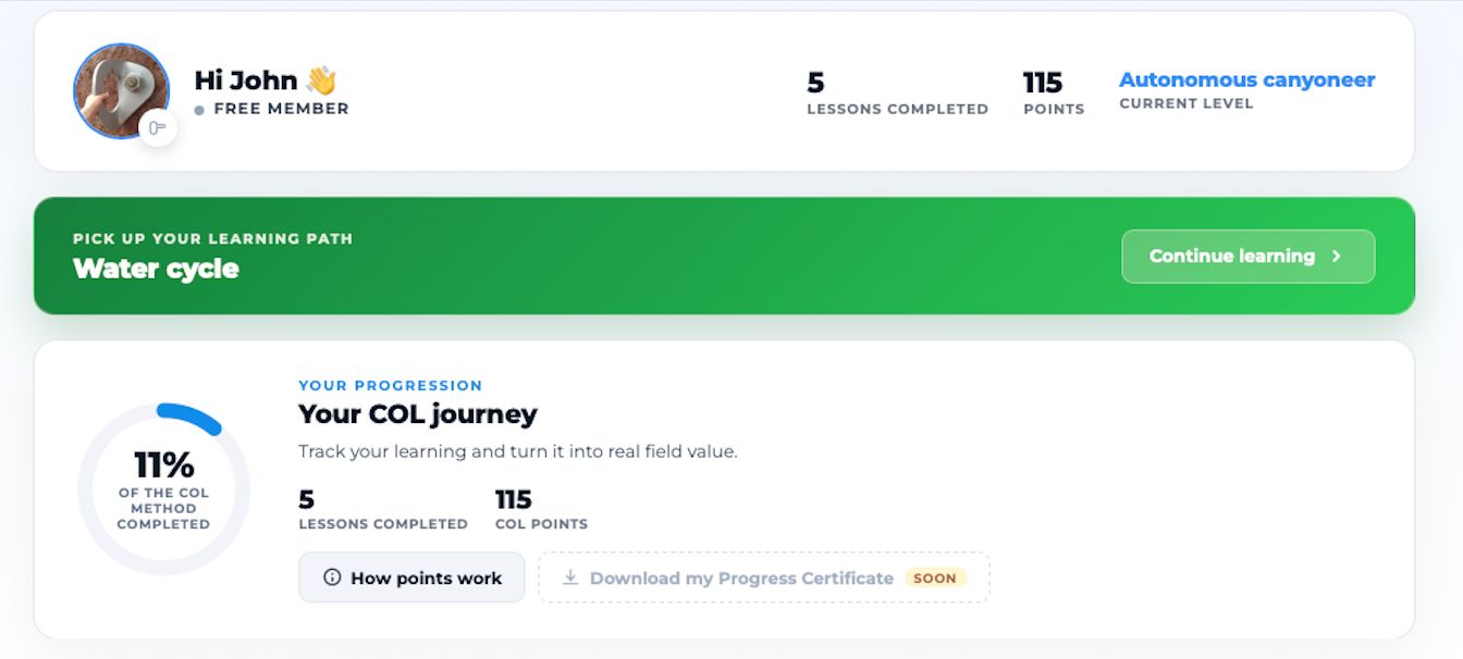 Preview of the COL member space: header, continue-learning CTA and progression map