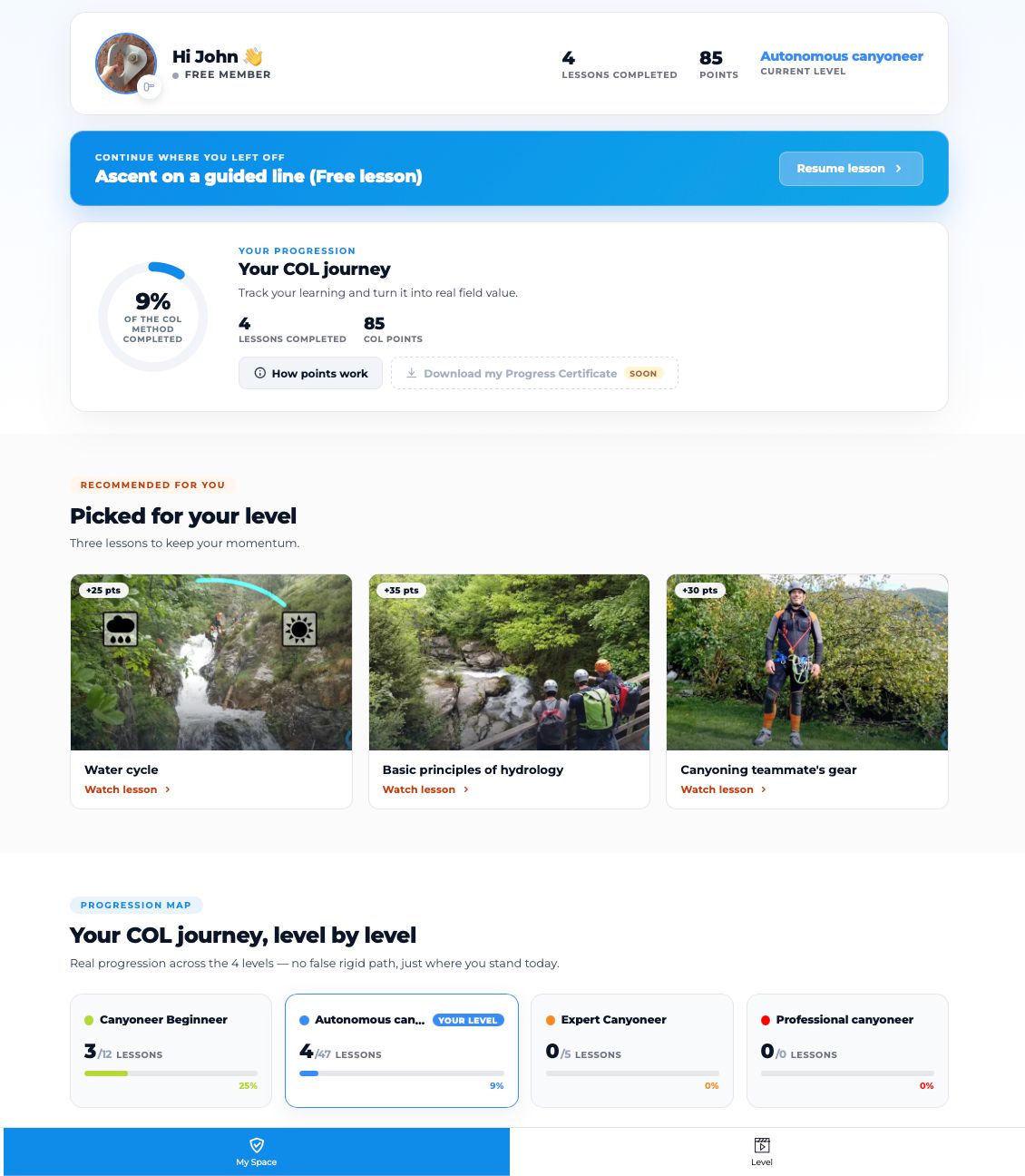 Preview of the My Space member area: resume your lesson, visible progression, level-by-level journey